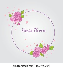 Floral, round, vector frame with the image of peonies flowers on a white background.