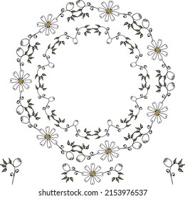 Floral round vector frame. White flowers with abstract elements. An elegant frame for creating wedding invitations, greeting cards, text decorations, and more.