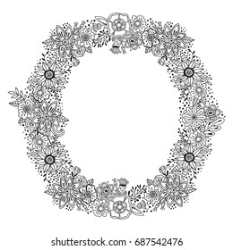 Floral round vector ornament with black and white decoration wreath frame. Summer or autumn flowers and herbs isolated design. Botanic circle element in doodle style for coloring
