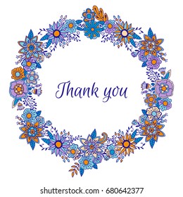 Floral round vector ornament with blue and orange decoration wreath frame. Summer, spring or autumn flowers and herbs postcard design with lettering. Botanic circle element in doodle style