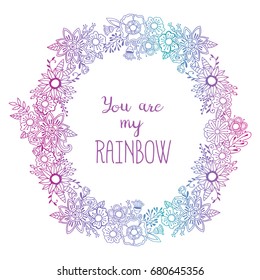 Floral round vector ornament with gradient purple decoration wreath frame. Summer or spring flowers and herbs postcard design with love lettering. Botanic circle element in doodle style