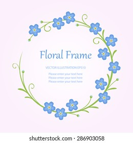 Floral round vintage frame with forget-me-not flowers. Vector illustration
