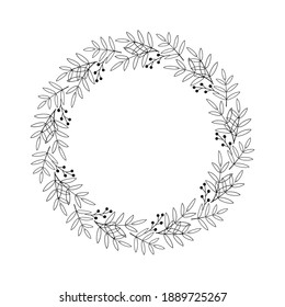 Floral round wreath of branches, leaves, berries. Elegant border, black outline drawing on a white background. Decorative frame, design element for wedding, logo, tags, home decor. Vector illustration