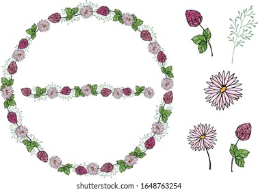 Floral round wreath with clover, daisy and cloverleaf. Vector illustration.
Wild flowers and herbs isolated on white background. Round frame for your design, greeting cards, announcements, posters.
