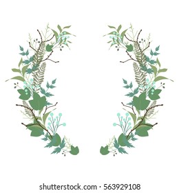 Floral round wreath, herb crown. With twigs, sprigs, branches, berries and blades of grass. Boho style. Natural and fresh. Spring vector illustration. 