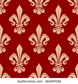 Floral royal french seamless pattern with beige fleur-de-lis flowers on red background. For interior or textile design