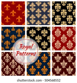 Floral royal ornament and damask seamless patterns for decoration. Imperial luxury flowery ornaments and classic vintage fleur-de-lis flourish interior design elements