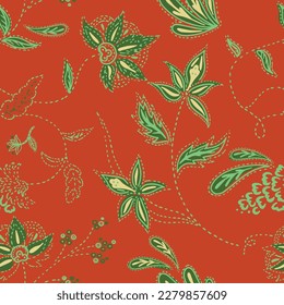 FLORAL RUNNING STITCH EMBROIDERY ALL OVER PRINT SEAMLESS PATTERN VECTOR