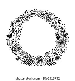 Floral rustic branches, flowers and leaves wreath for wedding invitation template design. Botanical hand drawn elements. Nature vector illustration.