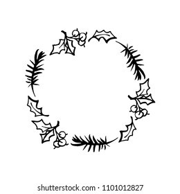 Blumenrustikale Äste, Blätter und Beeren Kranz für Hochzeitseinladung Schablone Design. Botanische handgezeichnete Elemente. Natur, Vektorgrafik.