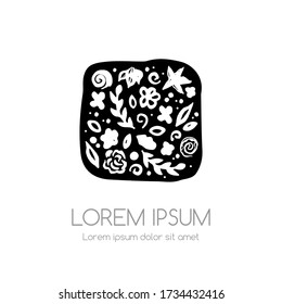 Emblema de dibujo rústico floral de tinta. Elemento decorativo de florecimiento texturizado vectorial.