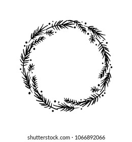 Floral rustic pine branch wreath for wedding invitation template design. Botanical hand drawn elements. Nature vector illustration.