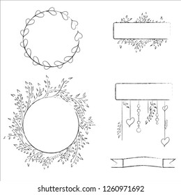Floral Saint Valentine's 14 February Frames. Leaves and hearts. hand drawn.