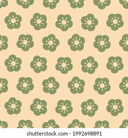 Blumensakura bedruckt nahtloses Muster mit beigen und grünen Farben. Einfache Hintergrundmusik in japanischem Trendstil mit japanischen Blumen. Quadratisches Muster für Webdesigns, Gewebe, Mode, Textilien. Vektorgrafik.