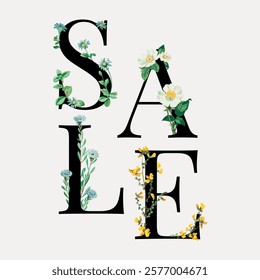 Floral sale design with flowers. Elegant floral letters spell 'SALE'. Perfect for sale promotions, floral-themed events, and floral design lovers. Vintage illustration isolated on white, vector.