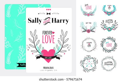 Floral Save the Date Invitation in vector. Wedding Card Template with Decorative Handwritten Lettering and Vintage Flowers, Floral Bouquets and Romantic Flower Composition