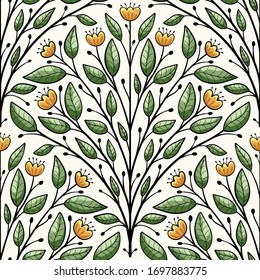 Floral scallop, seamless vector pattern with flowers and leaves	
