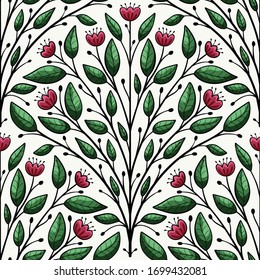 Floral scallop, seamless vector pattern with flowers and leaves	

