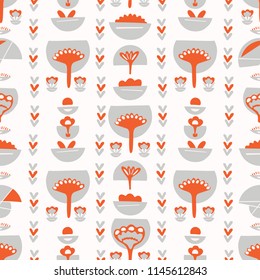 Floral Scandi Folk Art Vector Pattern, Seamless Background Hand Drawn Stylized Flower liIllustration for Trendy Home Decor, Vintage Fashion Prints,Wallpaper, Retro Garden Seed Decor, Orange Red Grey