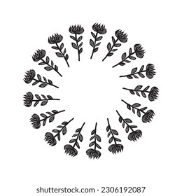 Floral scandi wreath in quirky vector style isolated on white background. Decorative frames for playful antique graphics. 