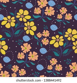 Floral scandinavian drawing flower pattern seamless hand drawn background vector illustration for fashion textile print.