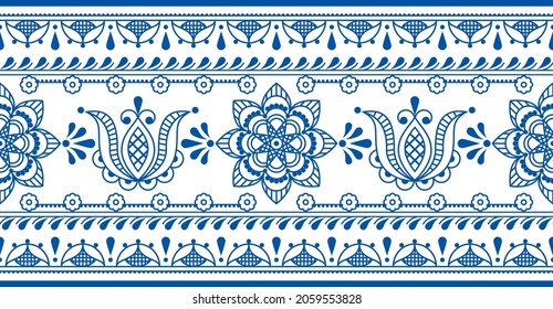 Floral Scandinavian folk art outline vector seamless long pattern with tulips and border, horizontal decorative textile or fabric print design with flowers inspired by lace and embroidery backgrounds
