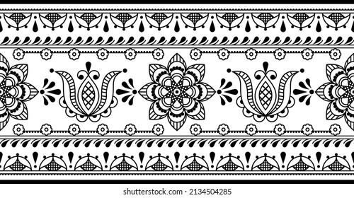 Floral Scandinavian folk art outline vector seamless long pattern with tulips and border, horizontal decorative textile or fabric print design with flowers inspired by lace and embroidery backgrounds 