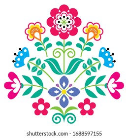 Floral Scandinavian folk art vector pattern, Nordic cute folk vector greeting card design with flowers, nature decoration inspired by traditional embroidery from Sweden, Norway and Denmark
