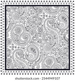 Design de cachecol floral com motivos paisley monocromáticos. Persa boho chique repetir fundo. Impressão têxtil tribal.