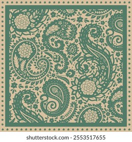 Floral scarf design with monochrome paisley motifs. Persian boho chic repeat background. Tribal textile print.