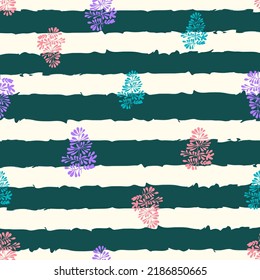 floral scattered on grungy stripes seamless pattern. Floral stripes bottle green and white seamless pattern design suitable for fabric, textile and many more.