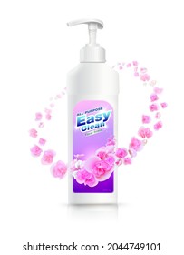 Floral scented multi-purpose cleaner packaging. Can clean all surfaces, kill bacteria, viruses, fungi for good hygiene.Realistic file.