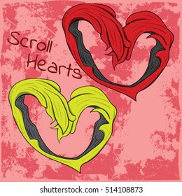 Floral scroll hearts vector in red and green with some text on grungy background
