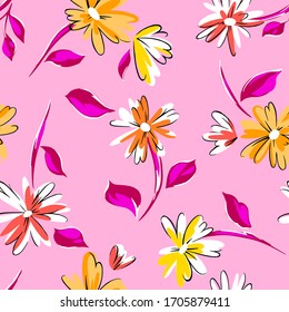 Floral seamleass pattern made of scattered garden flowers in bloom. Summer botanical background with hand drawn daisies. Good for dress, textile, clothes, fabric, wrapping.