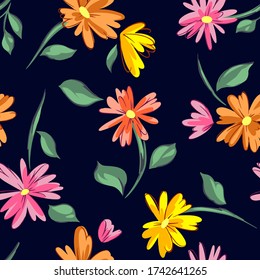 Floral seamleass pattern made of scattered garden flowers in bloom. Summer botanical background with hand drawn daisies. Good for dress, textile, clothes, fabric, wrapping.