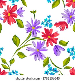 Floral seamleass pattern made of scattered garden flowers in bloom. Summer botanical background with hand drawn daisies. Good for dress, textile, clothes, fabric, wrapping.