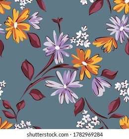 Floral seamleass pattern made of scattered garden flowers in bloom. Summer botanical background with hand drawn daisies. Good for dress, textile, clothes, fabric, wrapping.