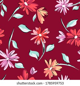 Floral seamleass pattern made of scattered garden flowers in bloom. Summer botanical background with hand drawn daisies. Good for dress, textile, clothes, fabric, wrapping.