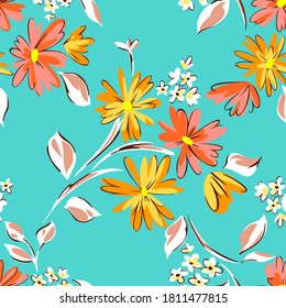 Floral seamleass pattern made of scattered garden flowers in bloom. Summer botanical background with hand drawn daisies. Good for dress, textile, clothes, fabric, wrapping.