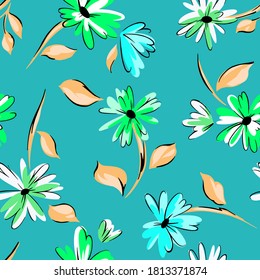 Patrón de costura floral hecho de flores de jardín dispersas en flor. Fondo botánico de verano con margaritas dibujadas a mano. Bueno para vestir, textiles, ropa, tela, envoltura.