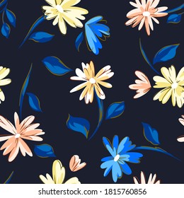 Floral seamleass pattern made of scattered garden flowers in bloom. Summer botanical background with hand drawn daisies. Good for dress, textile, clothes, fabric, wrapping.