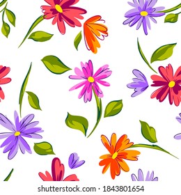 Patrón de costura floral hecho de flores de jardín dispersas en flor. Fondo botánico de verano con margaritas dibujadas a mano. Bueno para vestir, textiles, ropa, tela, envoltura.