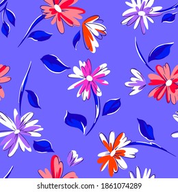 Floral seamleass pattern made of scattered garden flowers in bloom. Summer botanical background with hand drawn daisies. Good for dress, textile, clothes, fabric, wrapping.