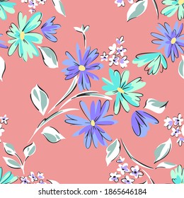 Floral seamleass pattern made of scattered garden flowers in bloom. Summer botanical background with hand drawn daisies. Good for dress, textile, clothes, fabric, wrapping.