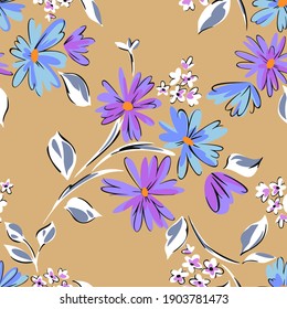 Floral seamleass pattern made of scattered garden flowers in bloom. Summer botanical background with hand drawn daisies. Good for dress, textile, clothes, fabric, wrapping.