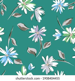 Floral seamleass pattern made of scattered garden flowers in bloom. Summer botanical background with hand drawn daisies. Good for dress, textile, clothes, fabric, wrapping.