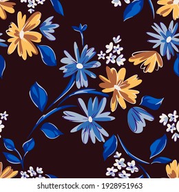 Floral seamleass pattern made of scattered garden flowers in bloom. Summer botanical background with hand drawn daisies. Good for dress, textile, clothes, fabric, wrapping.