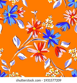 Floral seamleass pattern made of scattered garden flowers in bloom. Summer botanical background with hand drawn daisies. Good for dress, textile, clothes, fabric, wrapping.