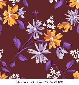 Floral seamleass pattern made of scattered garden flowers in bloom. Summer botanical background with hand drawn daisies. Good for dress, textile, clothes, fabric, wrapping.