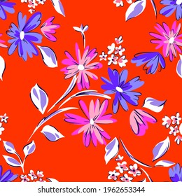 Floral seamleass pattern made of scattered garden flowers in bloom. Summer botanical background with hand drawn daisies. Good for dress, textile, clothes, fabric, wrapping.